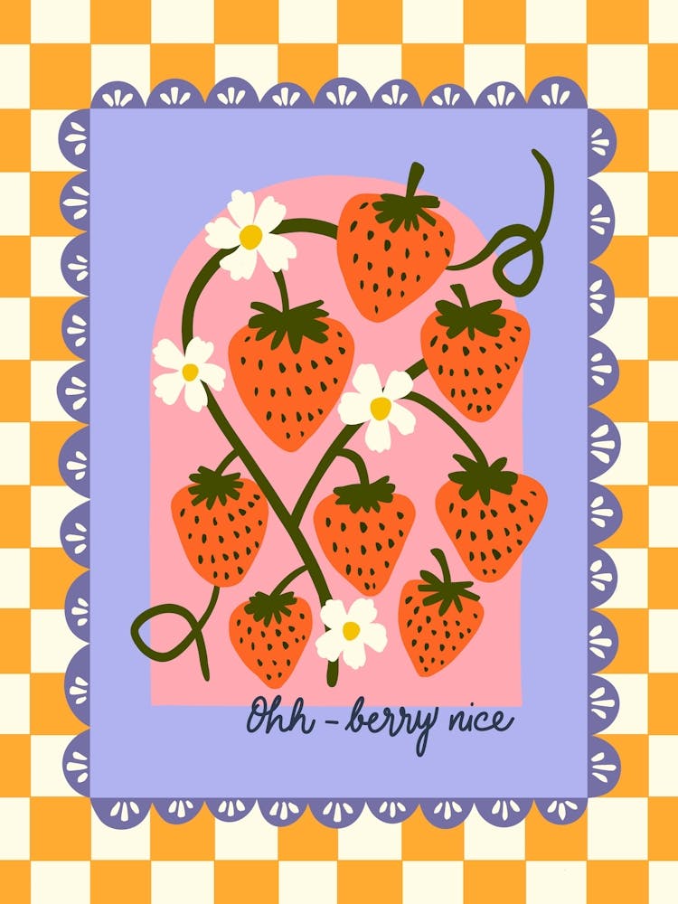 Ohh Berry Nice Strawberries and Blossoms Vintage Inspired Illustration