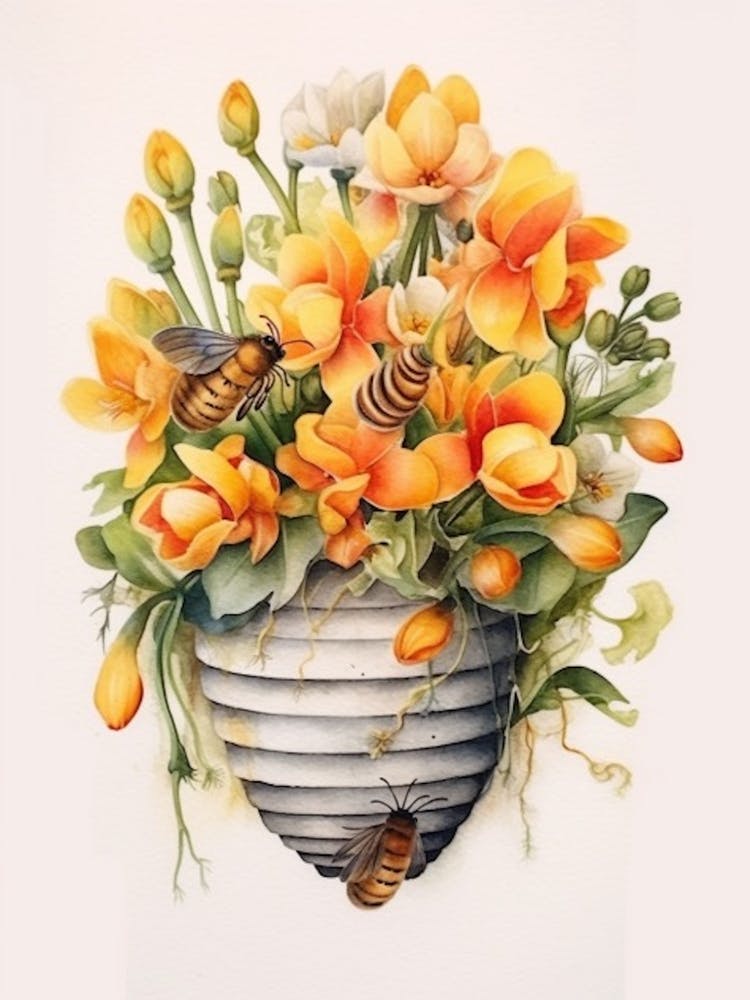 Beehive With Freesia Watercolour Illustration 3