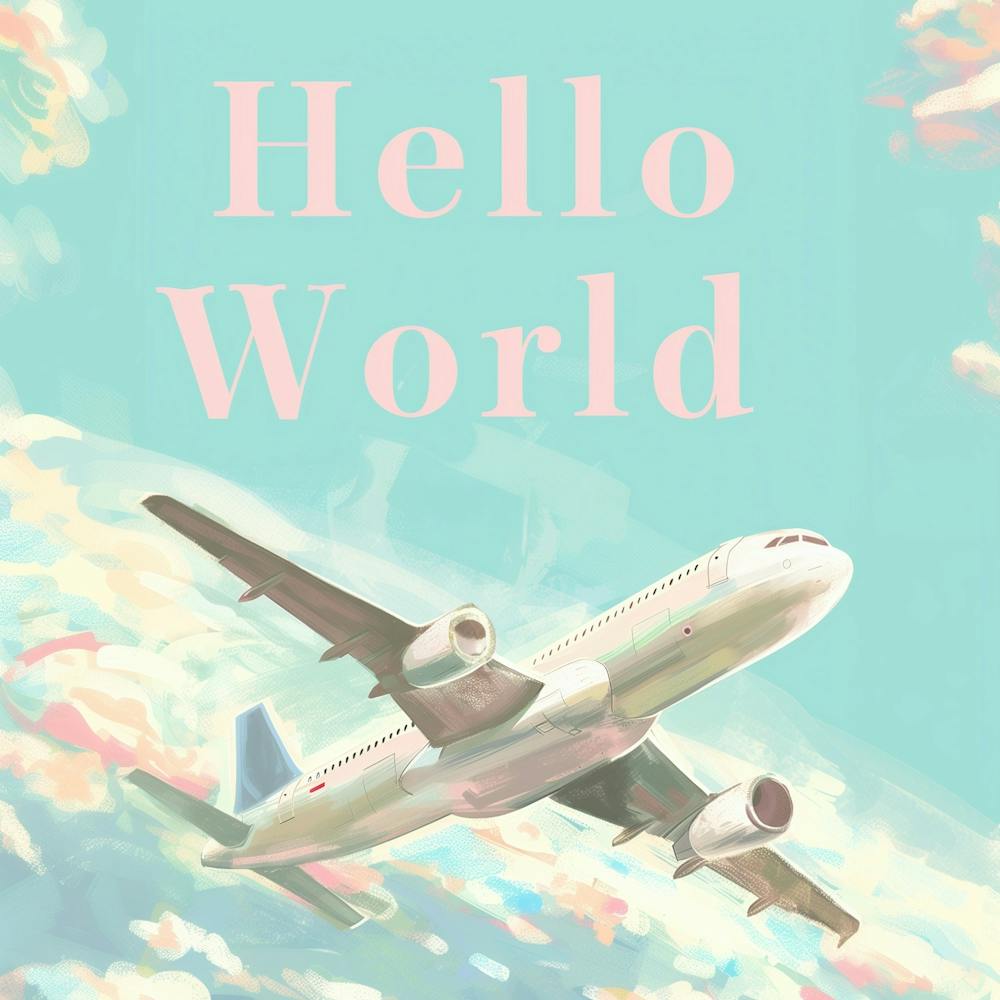 Hello World mit Flugzeug, Travel Poster Pastell, Typografie rosa Schriftzug,