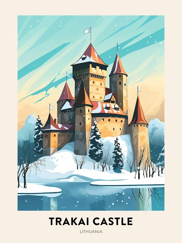 Vintage Winter Travel Poster Trakai Castle Lithuania