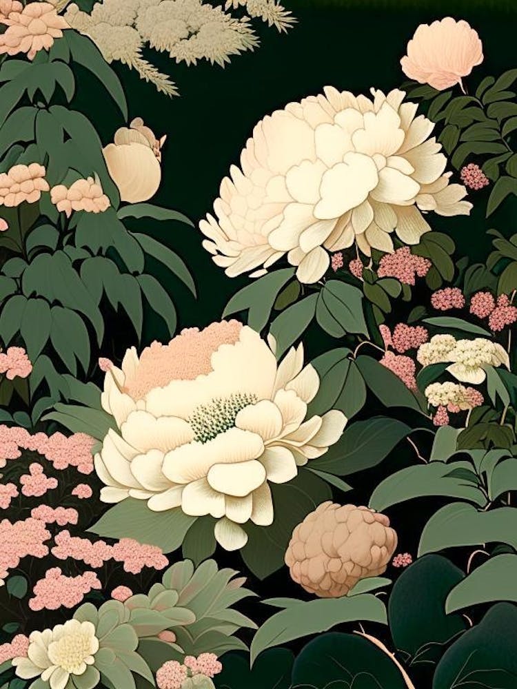 Japanese Peonies In A Garden 1 Vintage Sketch