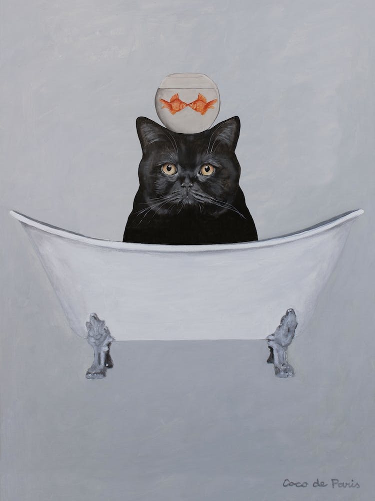 Black Cat With Fishbowl In Bathtub