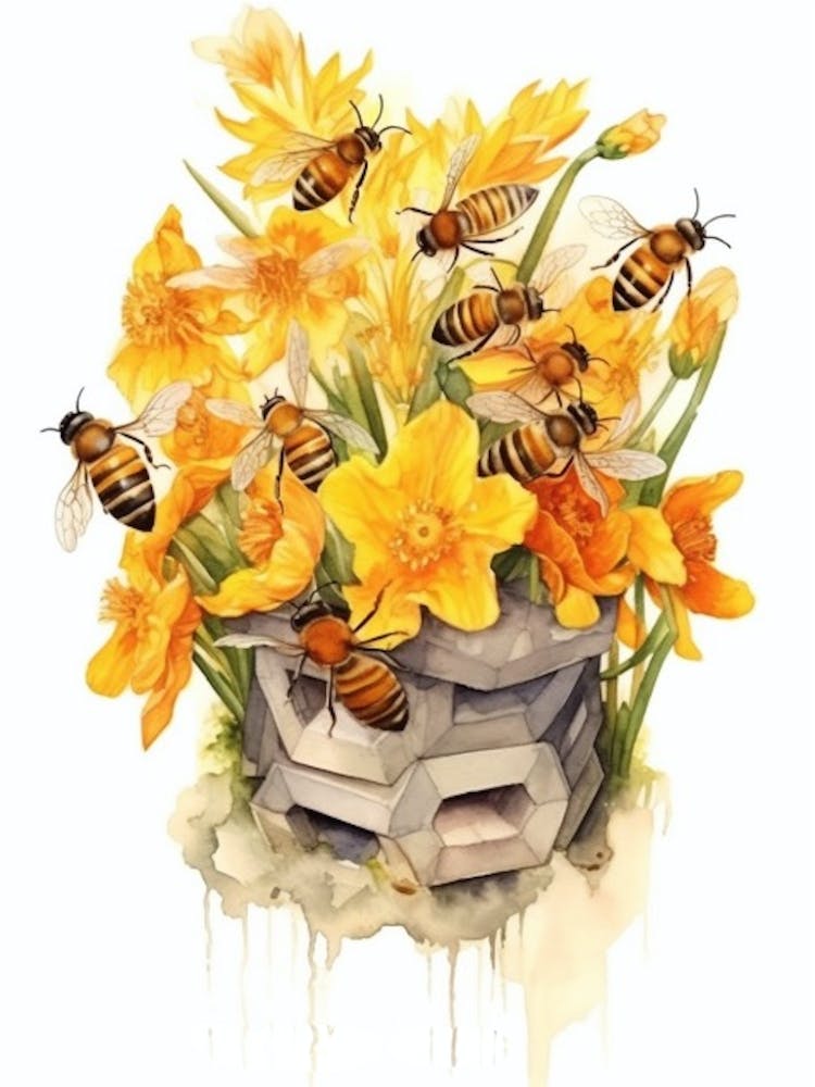 Beehive With Daffodils Watercolour Illustration 2