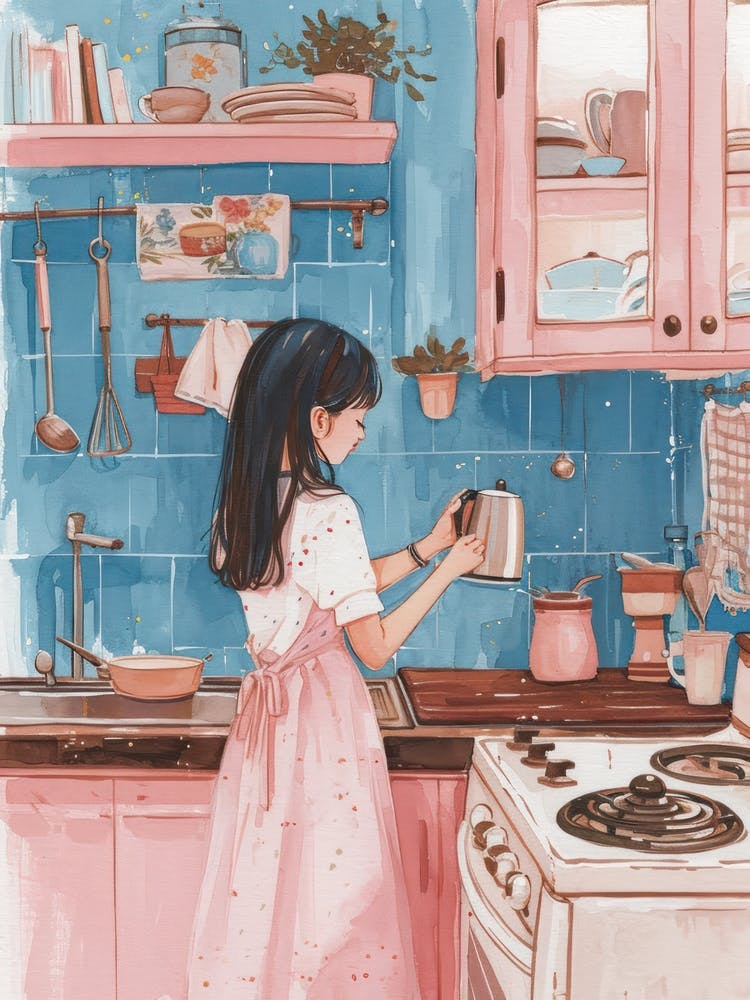 Girl Putting The Kettle On Lo Fi Kawaii Illustration 8