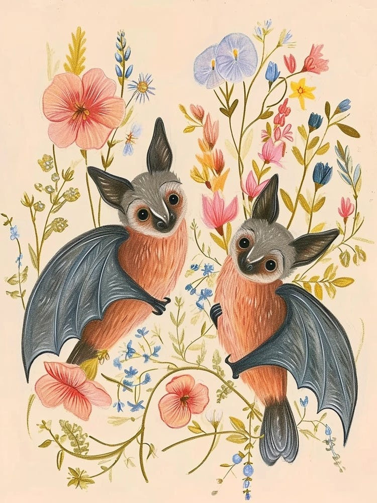 Folksy Floral Animal Drawing Bat 2