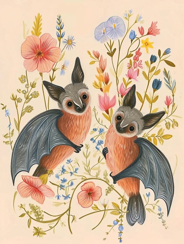 Folksy Floral Animal Drawing Bat 2