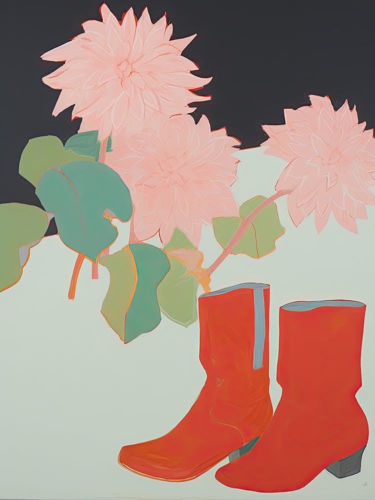 Painting Of Red Cowboy Boots With Pink Flowers, Pop Art Style