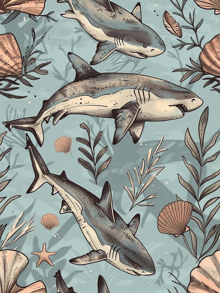 Pastel Blue Squatina Genus Shark Watercolour Seascape Pattern 2