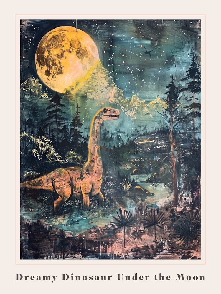Dinosaur Under The Moon Painting 3 Poster