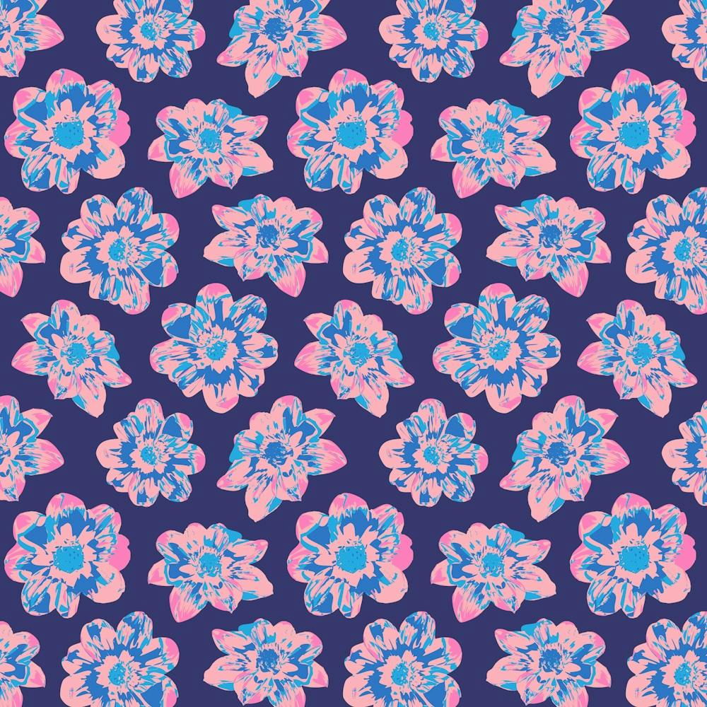 COSMIC COSMOS Multi Abstract Floral Summer Bright Flowers in Pale Pink Royal Blue on Dark Blue