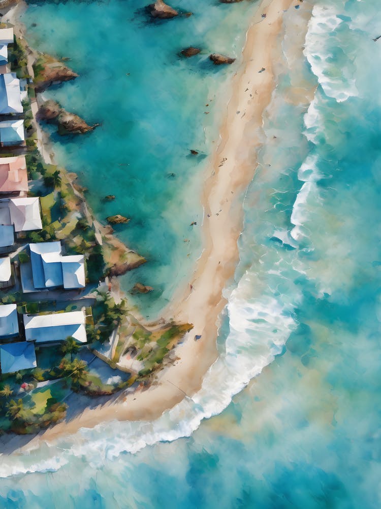 AERIAL PASTAL SAND MEETS THE SEA 1/4 - Serene Seascape Beach Surf Condos Painting Tropical Calm Dreamy Luxe Wall Art Vision of Tranquility