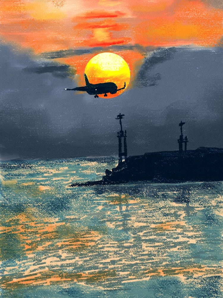 Beautiful Sunset evening at port with aero plane