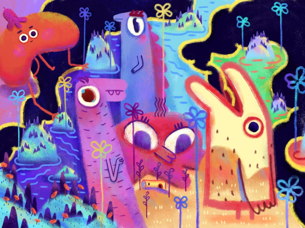Colourful creatures in landscape