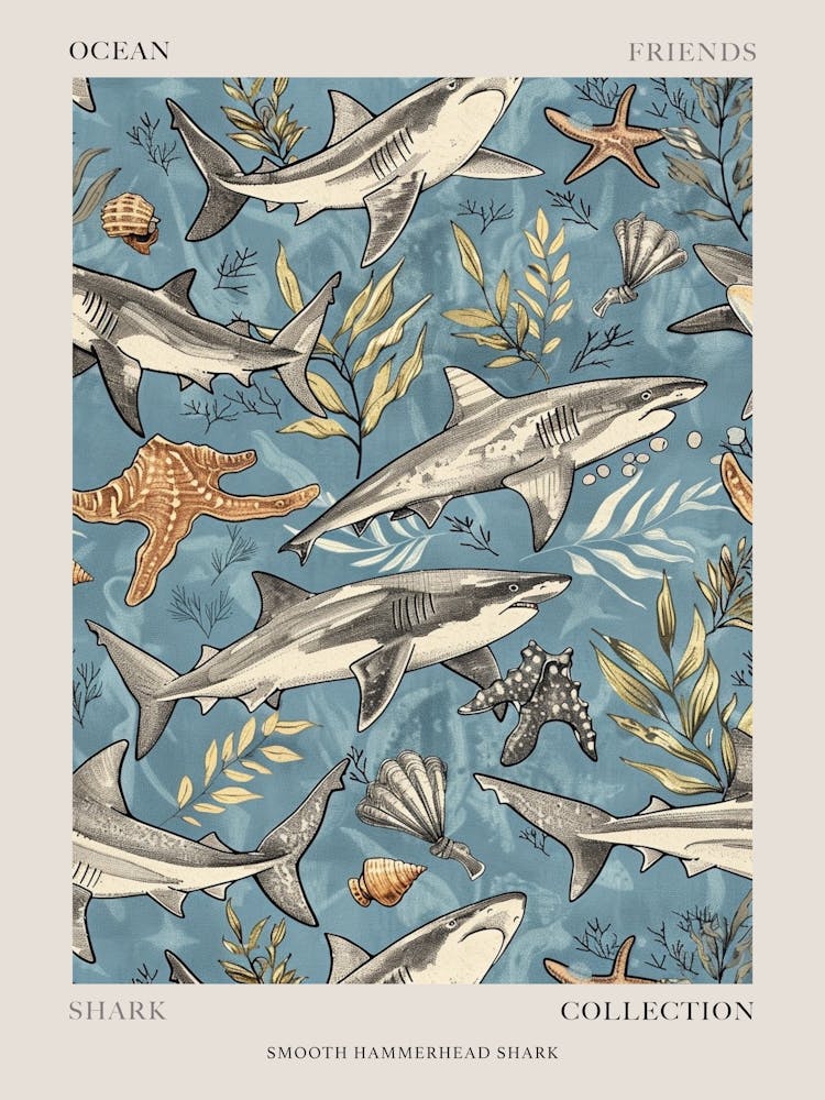 Pastel Blue Smooth Hammerhead Shark Watercolour Seascape 2 Poster