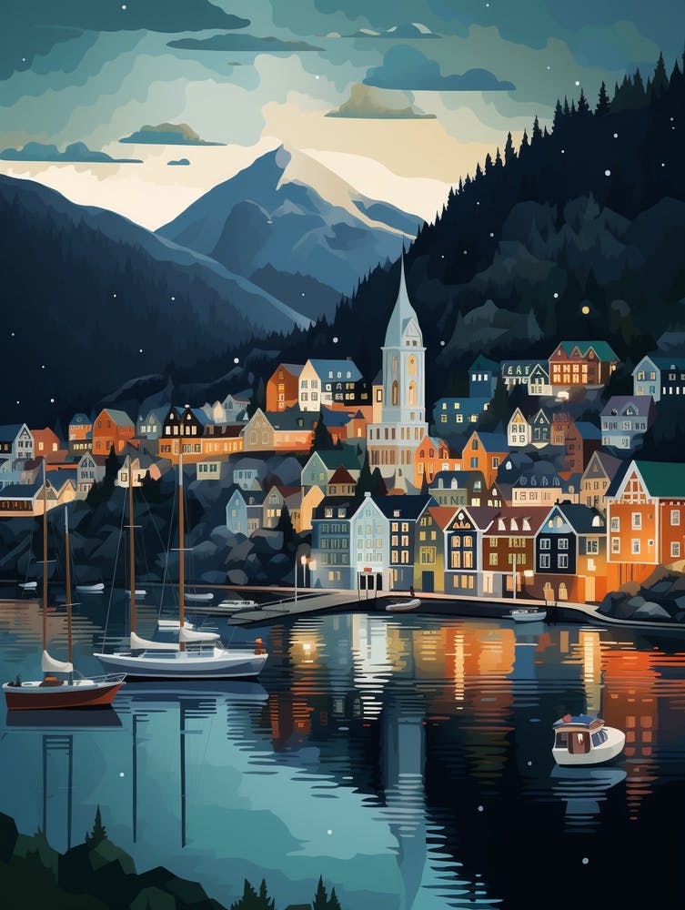Winter Travel Night Illustration Bergen Norway 4