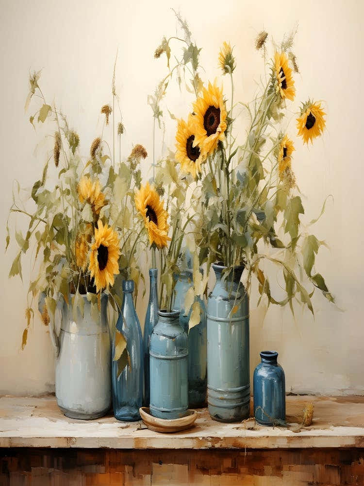 Sunflowers In Blue Vases