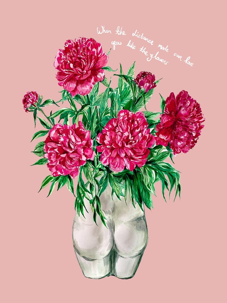 Peonies In Bum Vase On Pink With Slogan
