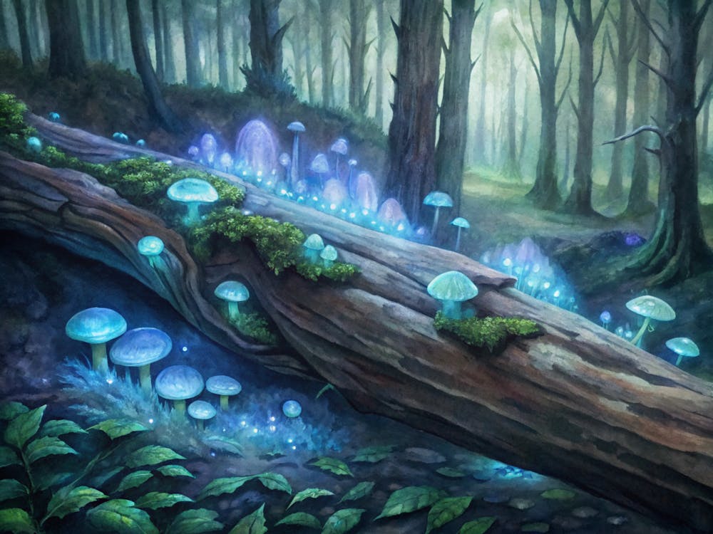 A Glowing Depiction Of Bioluminescent Fungi On A F (1)