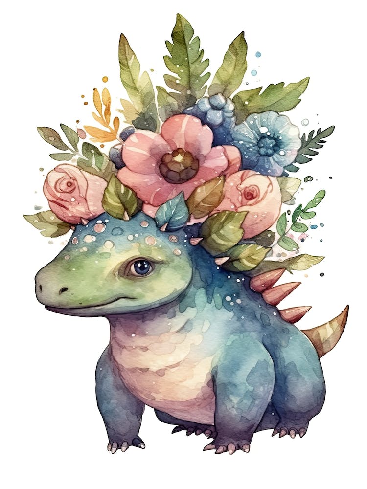 Stegosaurus With A Crown Of Flowers Cute Dinosaur Watercolour 3