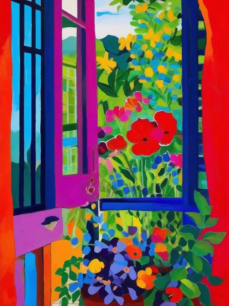 Colorful Open Window with plants and flowers