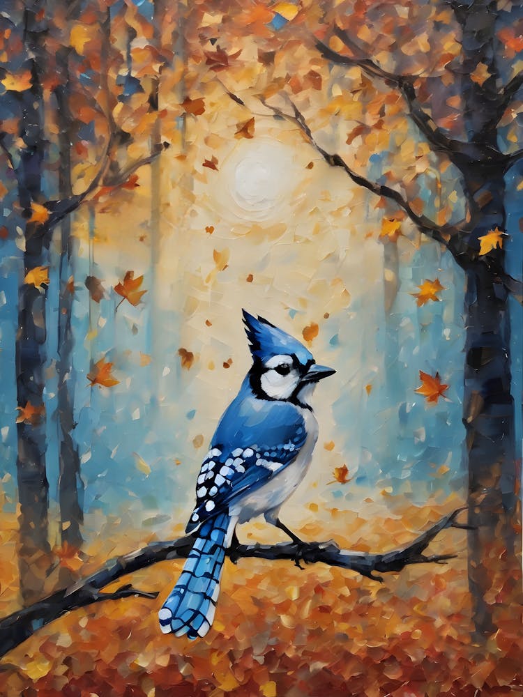Cottagecore Blue Jay in Autumn Forest - Acrylic Paint Little Fall Bird Art with Falling Leaves at Night on a Sunlight Day, Perfect for Witchcore Cottage Core Pagan Tarot Celestial Zodiac Gallery Feature Wall Beautiful Woodland Creatures Series HD