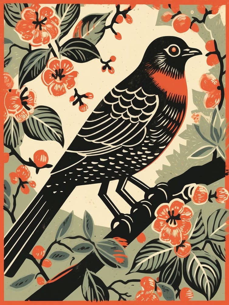 Vintage Bird Linocut Cuckoo 4