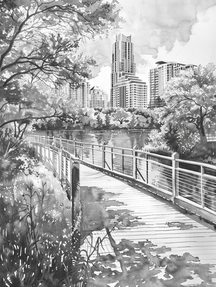 Lady Bird Lake Et Le Boardwalk Austin Texas Aquarelle Noir Et Blanc 1
