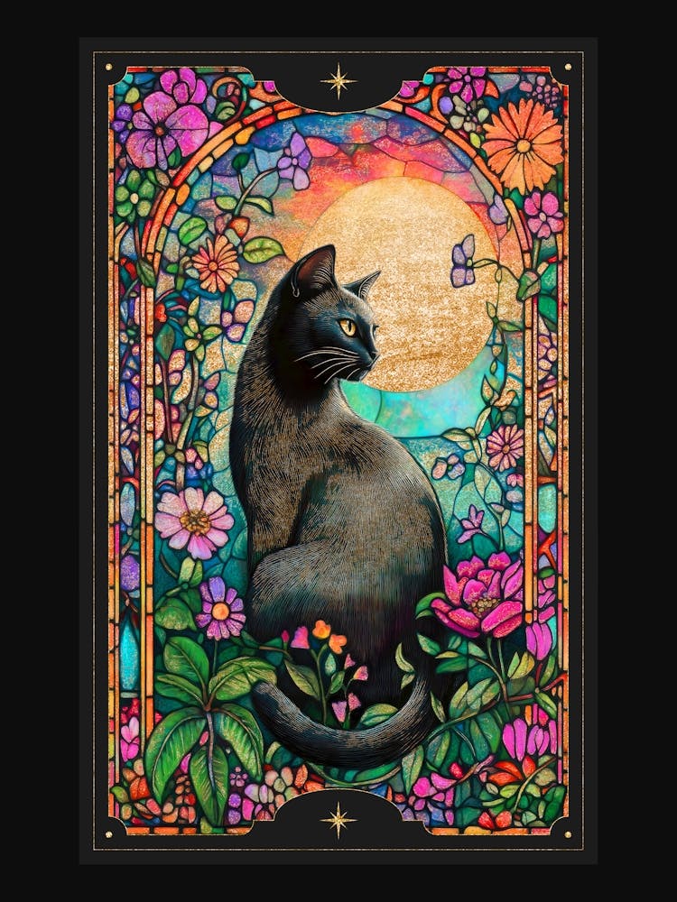 Alphonse Mucha-inspired black cat and ornate florals with gold accents in a dark cottagecore aesthetic with stained glass effect, Colorful Art Nouveau style witchy artwork perfect for libraries, vintage-themed rooms, moody interior 1