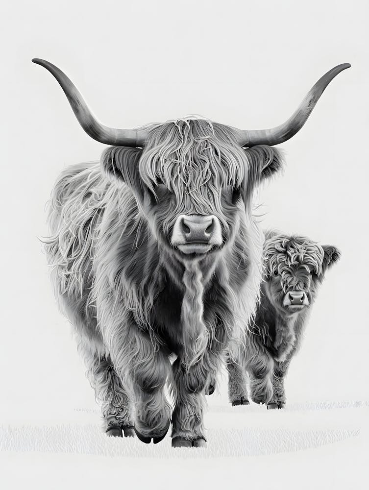 Majestic Highland Cattle – A Timeless Black-and-White Portrait