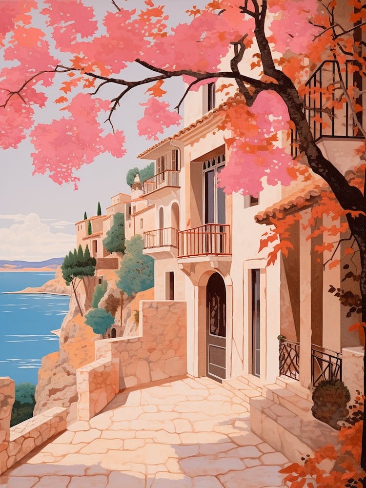 Mallorca Spain 2 Vintage Pink Travel Illustration