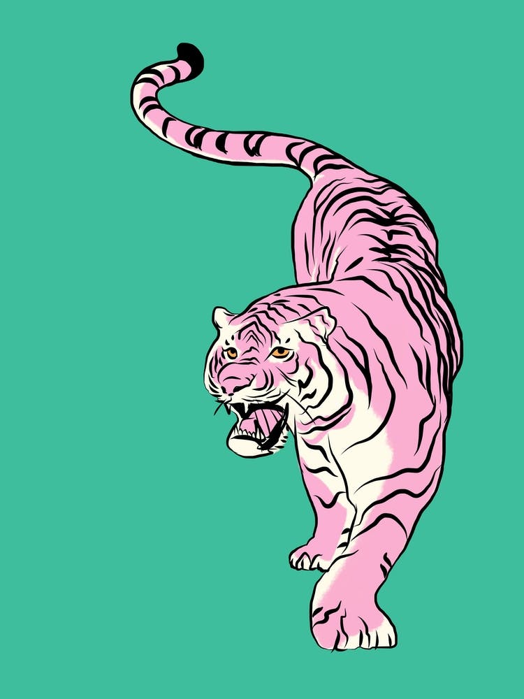 Tiger In Light Pink And Green