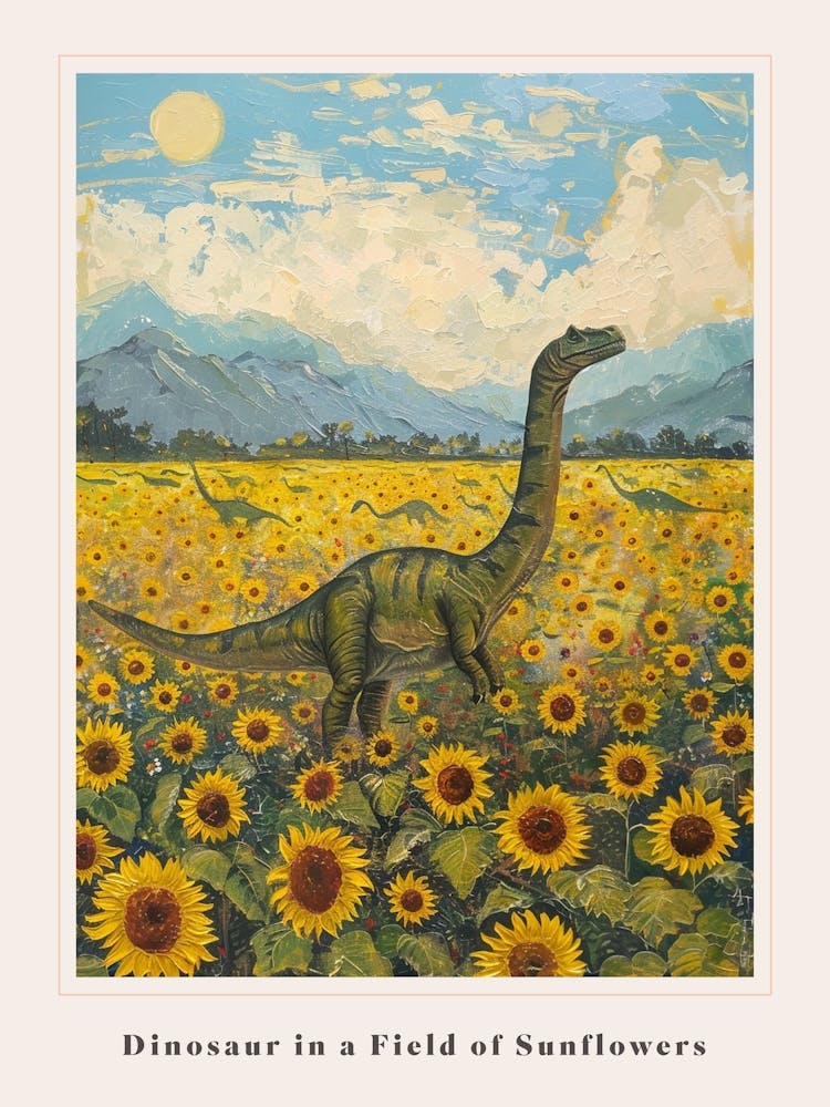 Dinosaur In A Field Of Sunflowers Painting 2 Poster