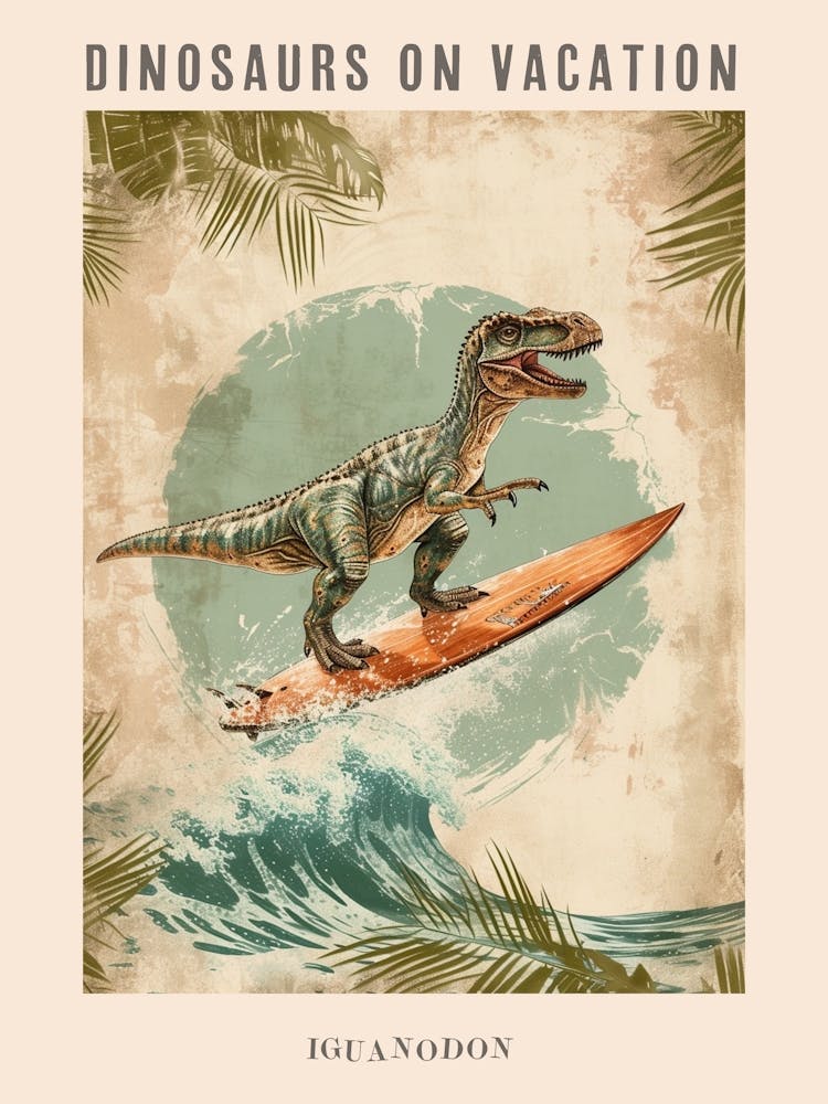 Vintage Iguanodon Dinosaur On A Surf Board 2 Plakat
