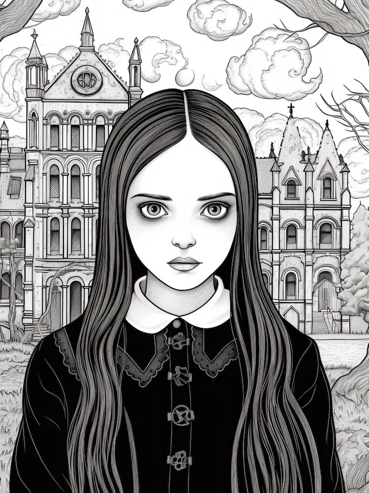 Nevermore Academy With Wednesday Addams Line Art 07 Fan Art