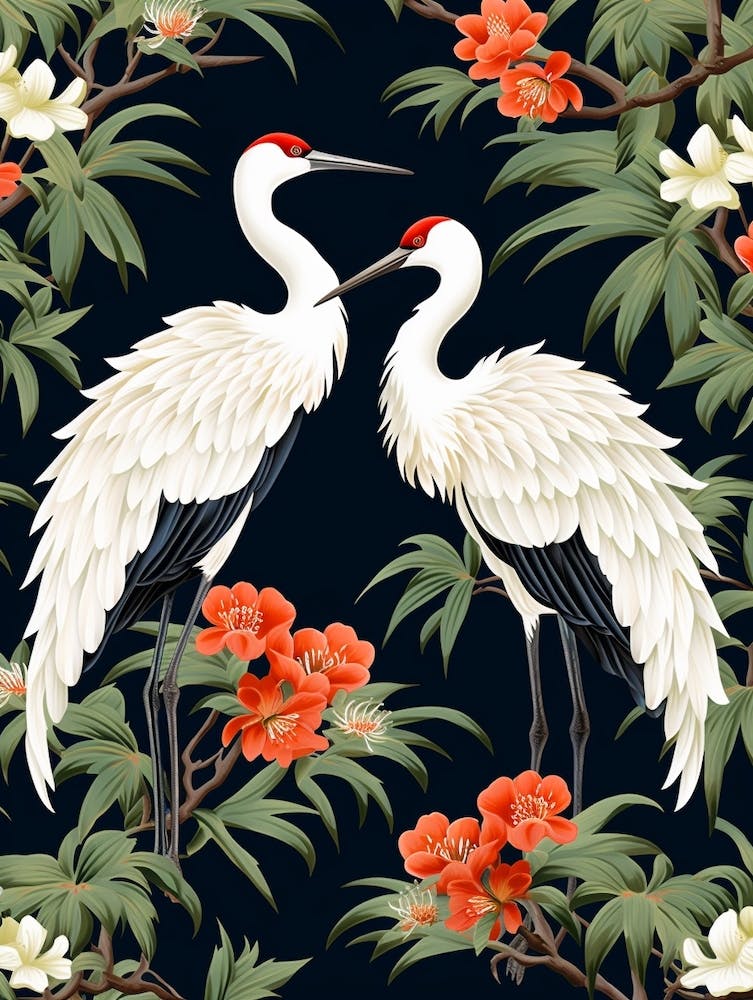 Black And Red Cranes 11 Vintage Japanese Botanical