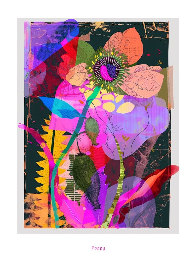 Poppy 2 Neon Flower Collage Poster