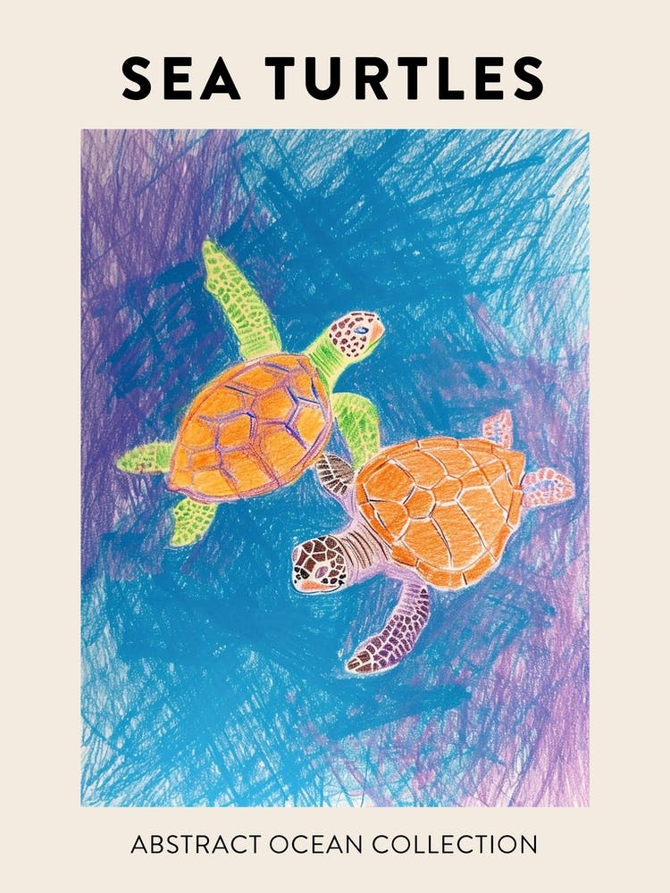 Affiche de Tortues de Mer Abstraites au Crayon Arc-en-ciel 1