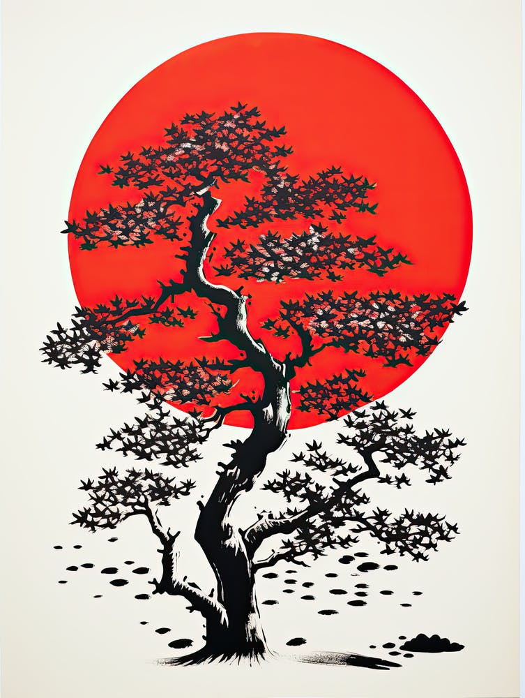 Bonsai Tree and Red Moon Japan Poster