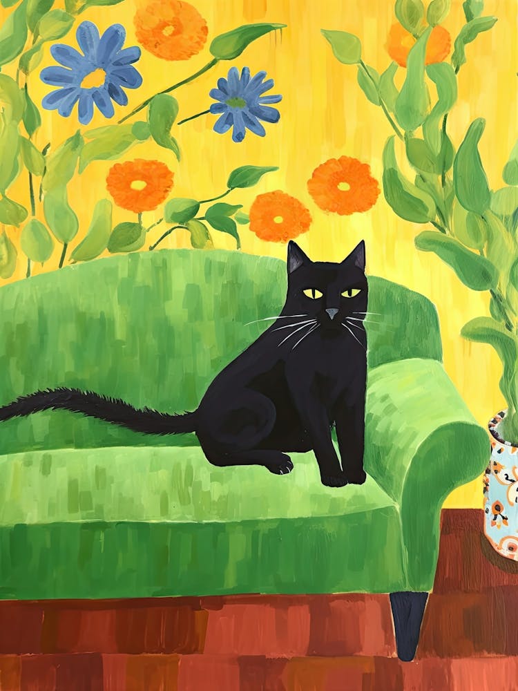 Black Cat Sitting In An Green Armchair