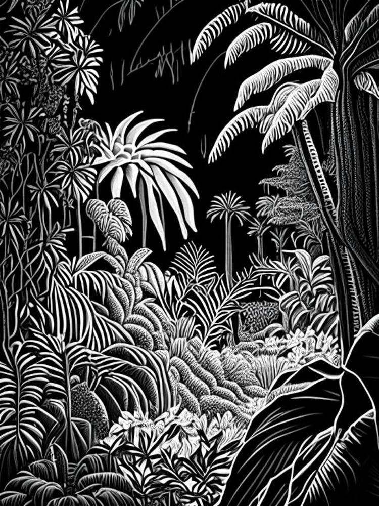 Jardin botanique de Naples, USA Linogravure Noir et Blanc Vintage