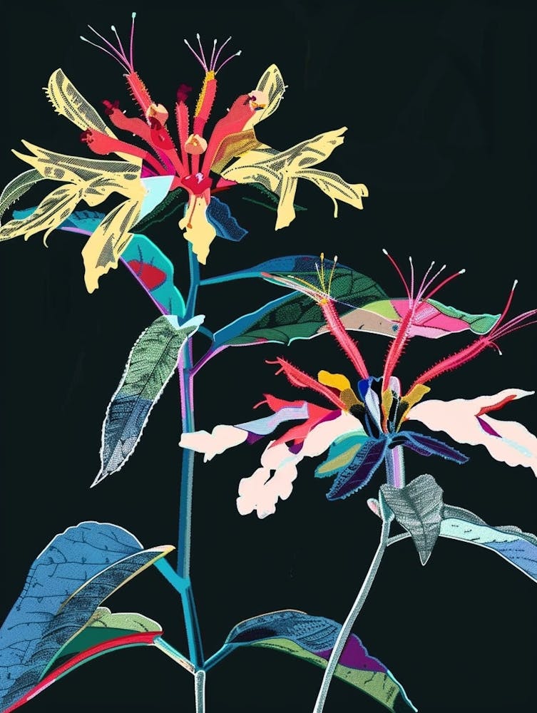 Neon Flowers On Black Bee Balm 1