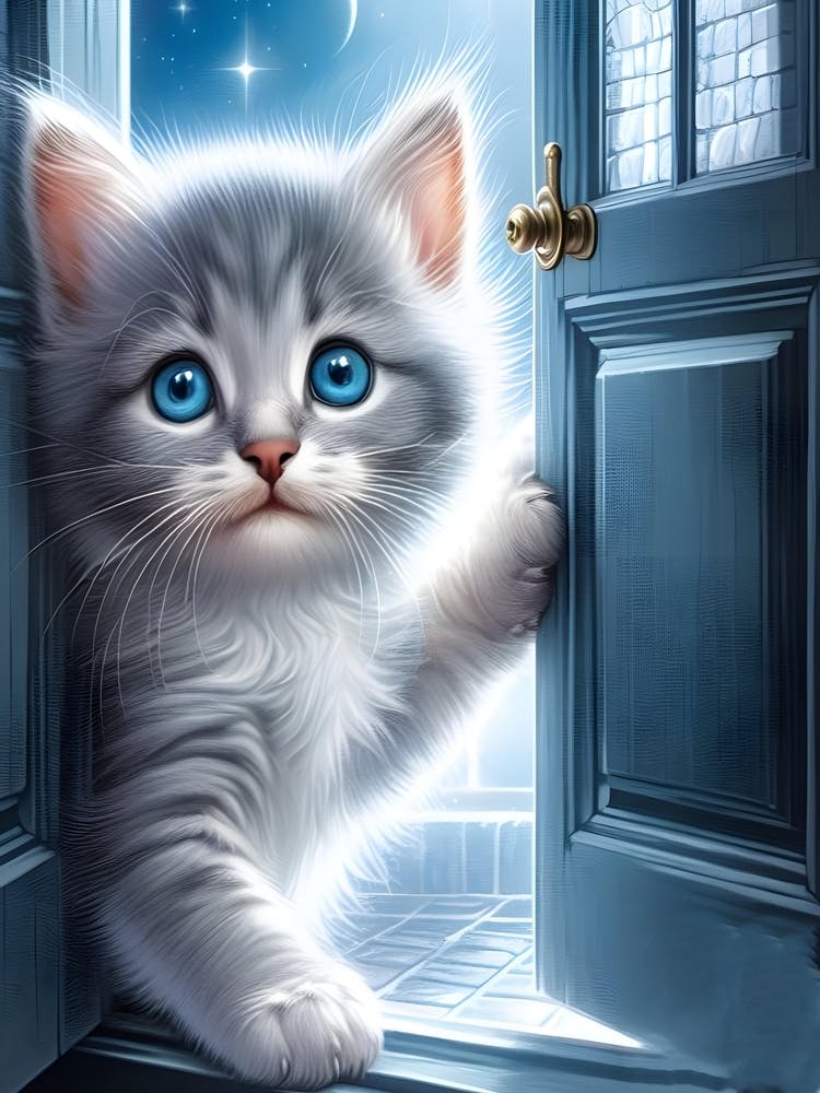 Cute kitten peeping through a door wall art print poster