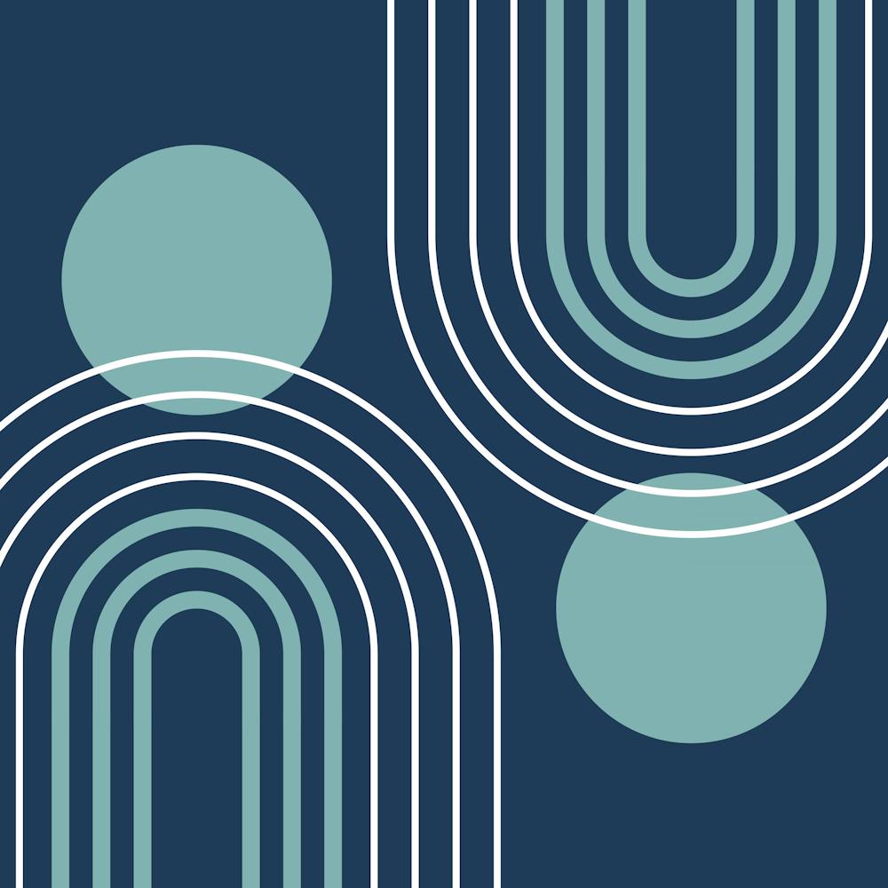 Mid Century Modern Geometric B27 In Navy Blue And Turquoise (Rainbow And Sun Abstract) 02