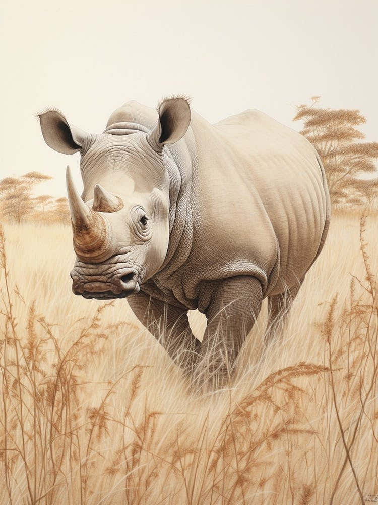 Vintage Rhino Illustration In The Grass 3