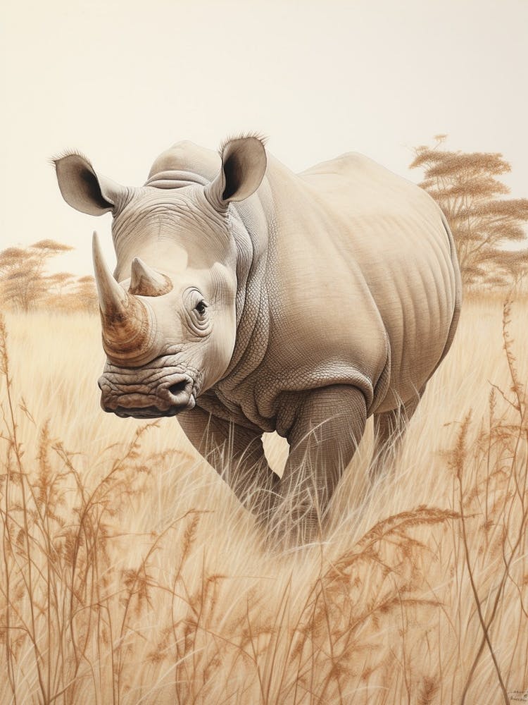 Vintage Rhino Illustration In The Grass 3