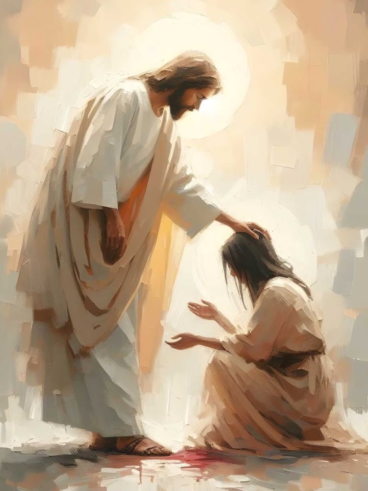 Jesus Heals The Bleeding Woman, Christian Painting, Jesus Heals A Woman, Jesus Portrait Art, Lds Printable, Bible Sketches, Printable Art