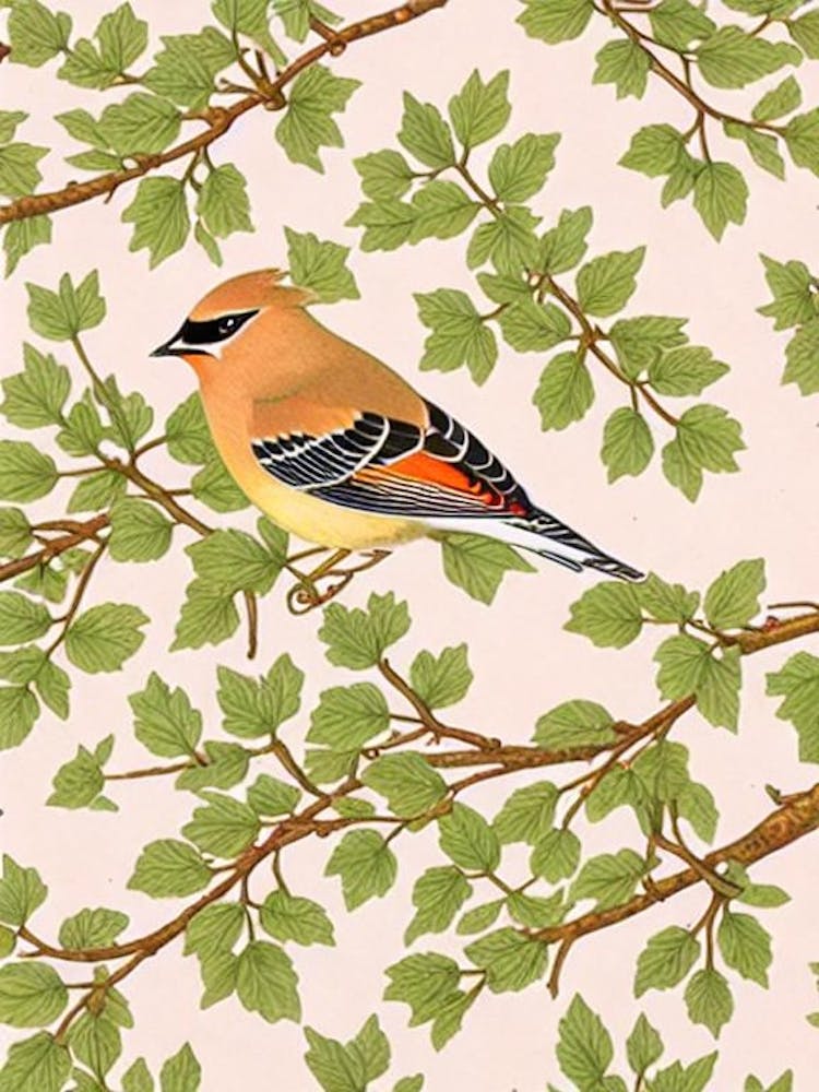 Cedar Waxwing 2 William Morris Style Bird