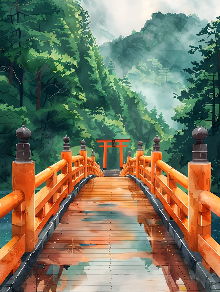 Watercolor Japanese Torii Bridge