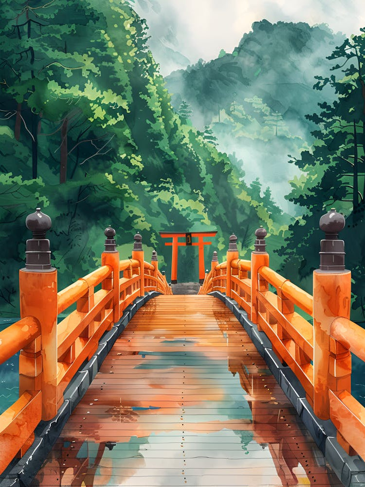 Watercolor Japanese Torii Bridge