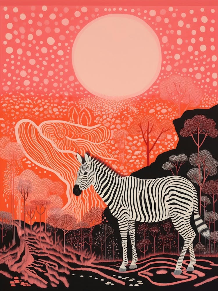 Zebra In The Wild Linocut Inspired 3
